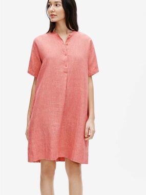Eileen Fisher Washed Organic Linen Delave Mandarin Collar Shirtdress Dress M